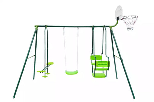 Three-station swing with basketball hoop