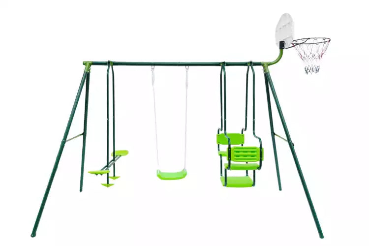 Three-station swing with basketball hoop