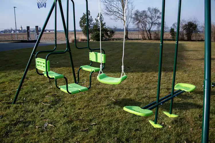 Three-station swing with basketball hoop