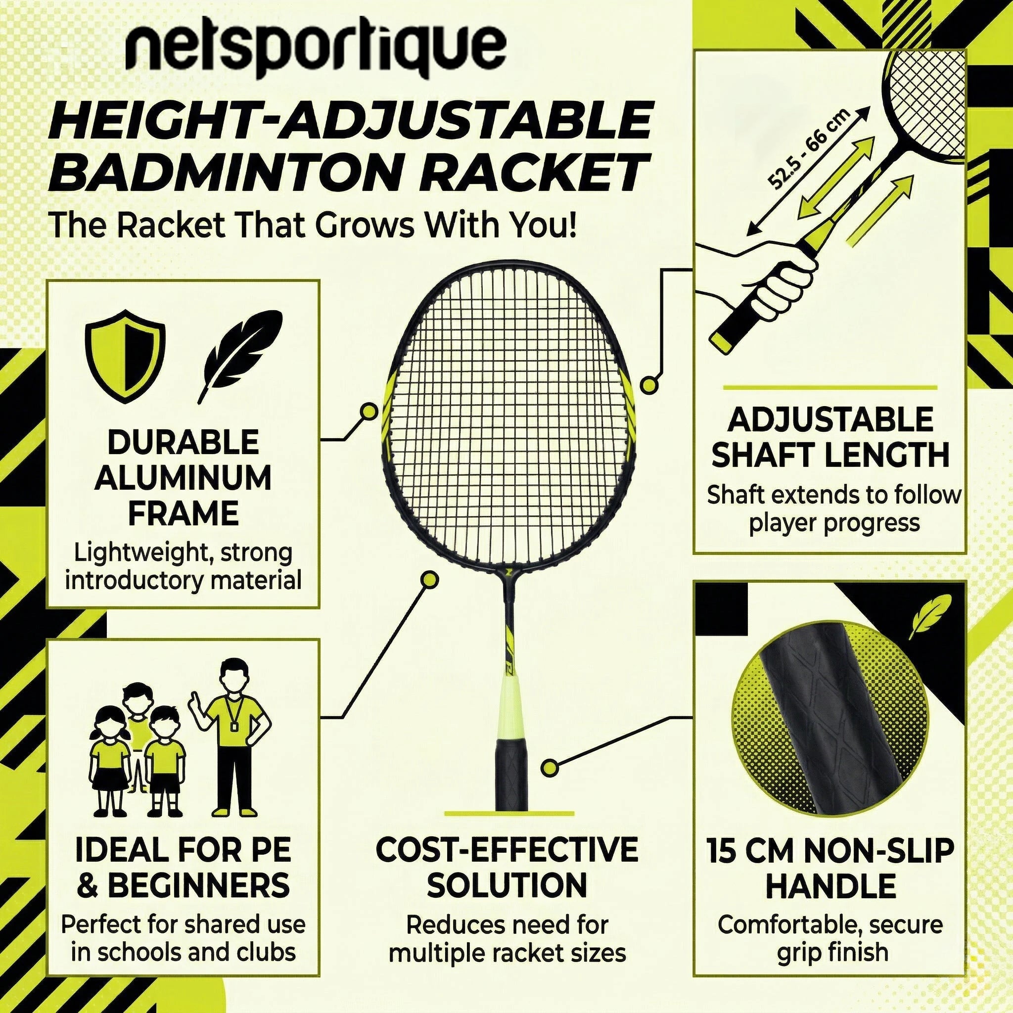 Height adjustable badminton racket - 52.5cm to 66cm