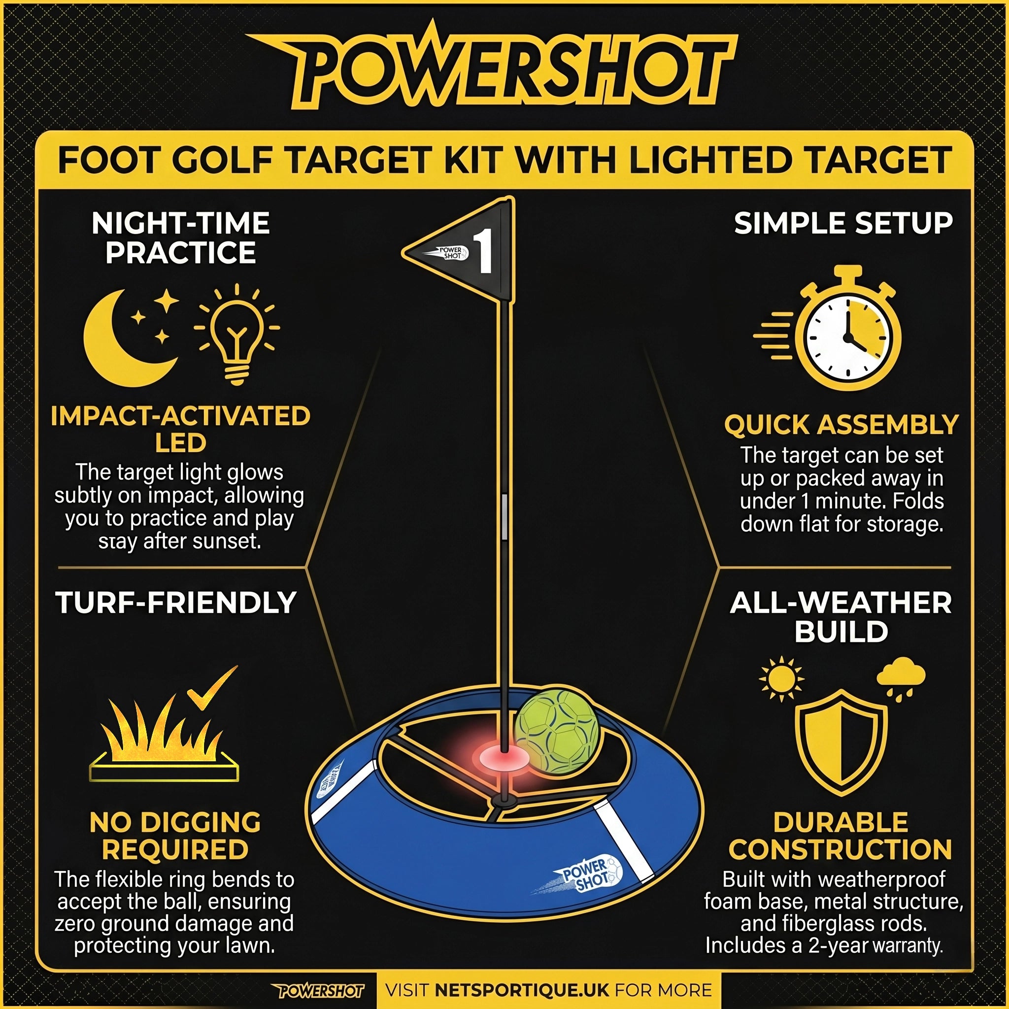 Foot golf target kit with lighted target Powershot
