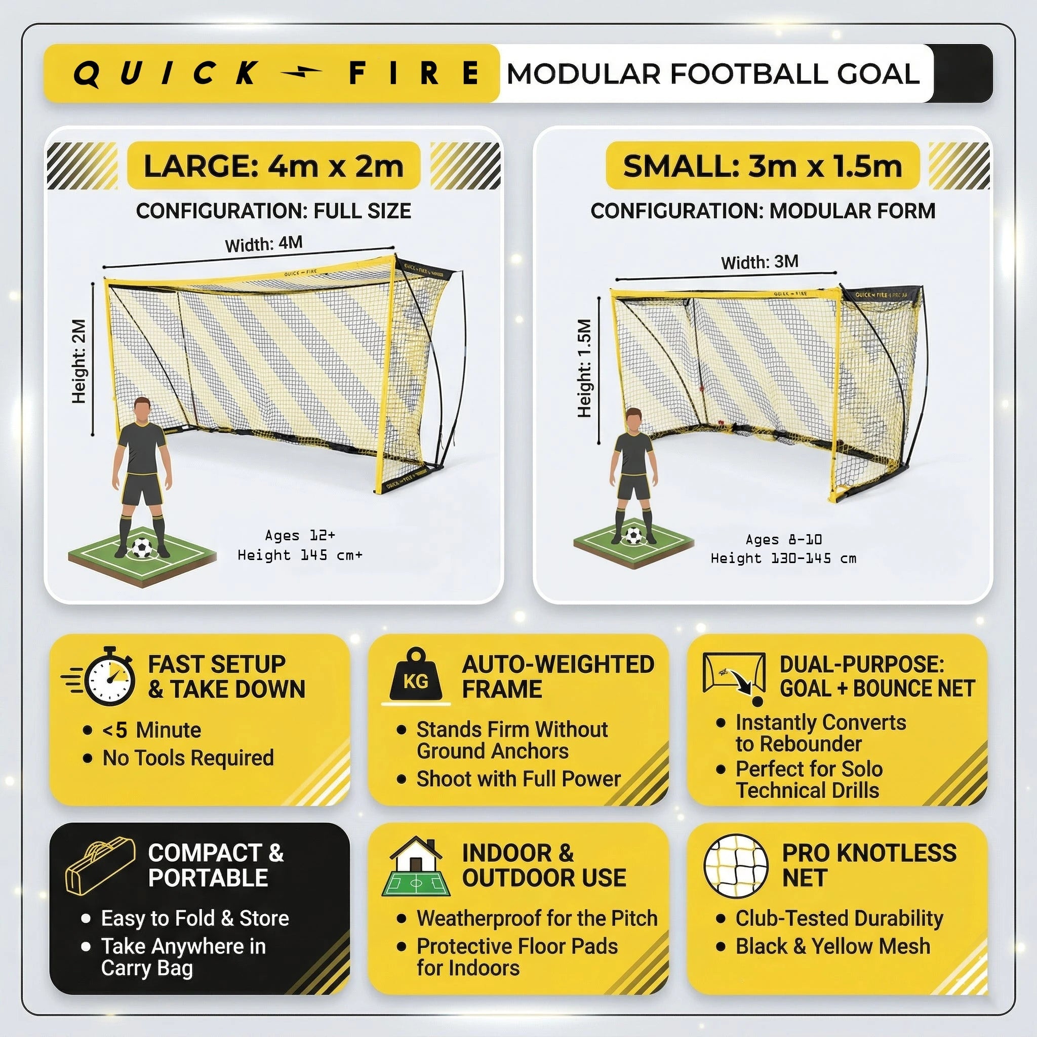 QuickFire® football goal – 3 or 4m x 1.5 or 2m - Multisize Powershot