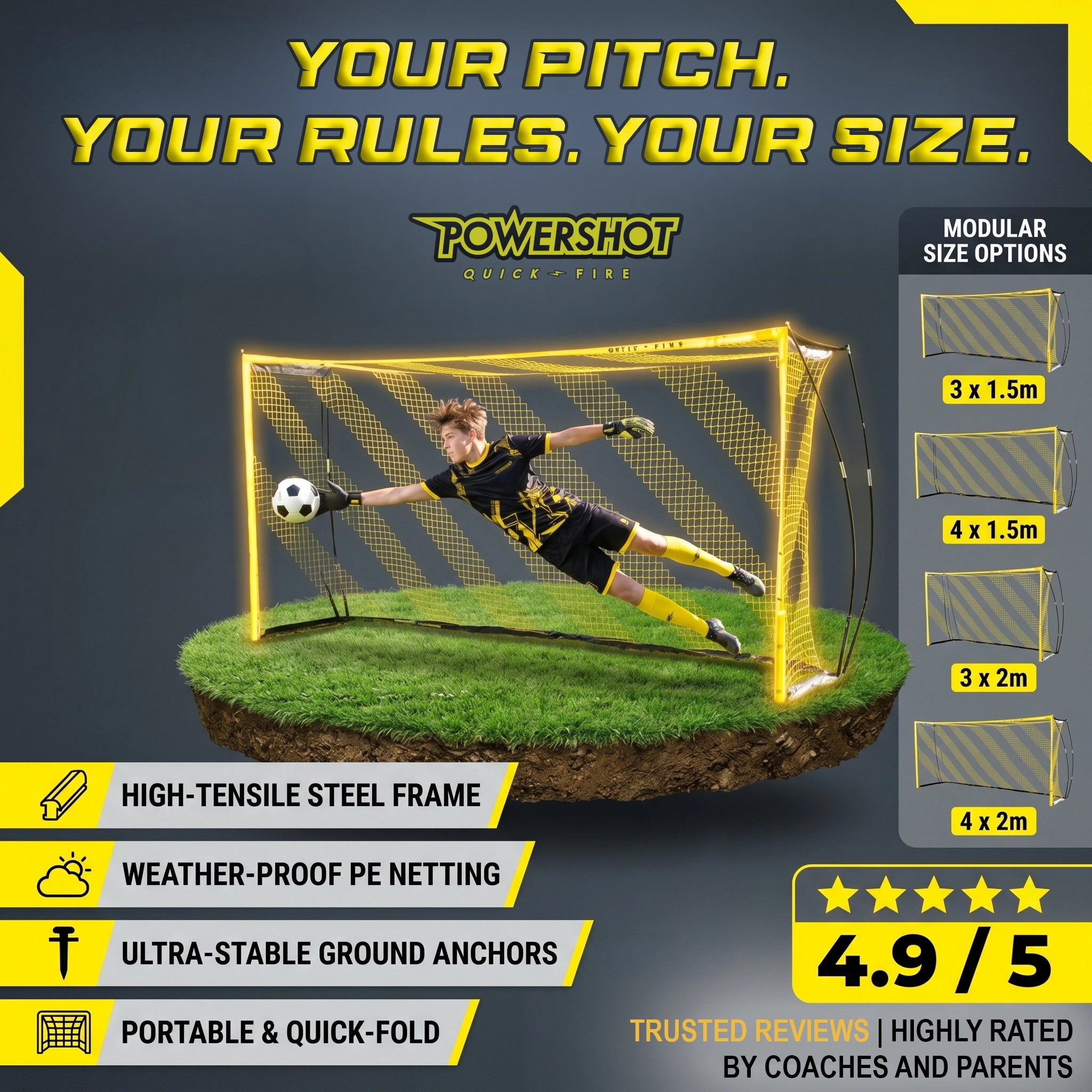 QuickFire® football goal – 3 or 4m x 1.5 or 2m - Multisize