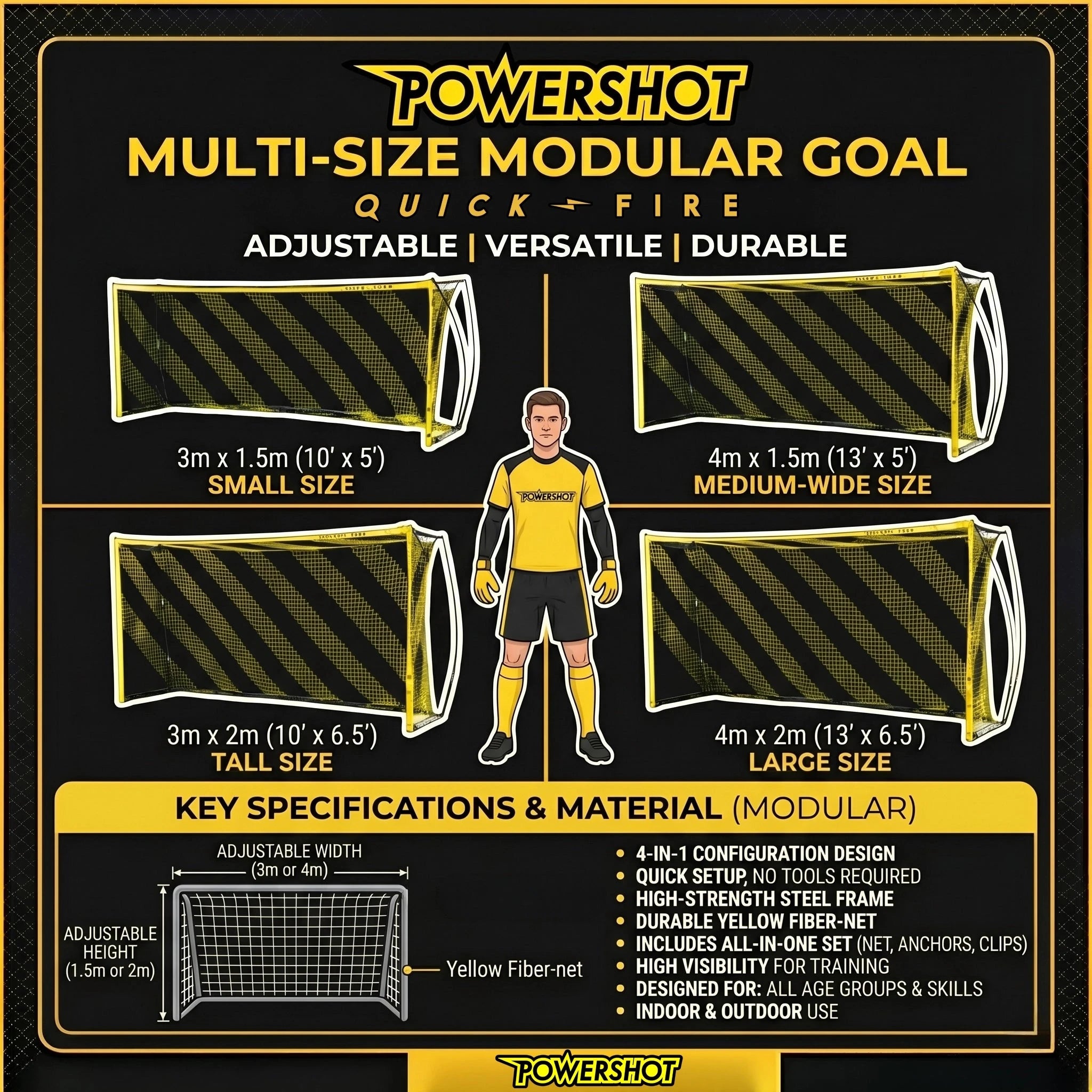 QuickFire® football goal – 3 or 4m x 1.5 or 2m - Multisize