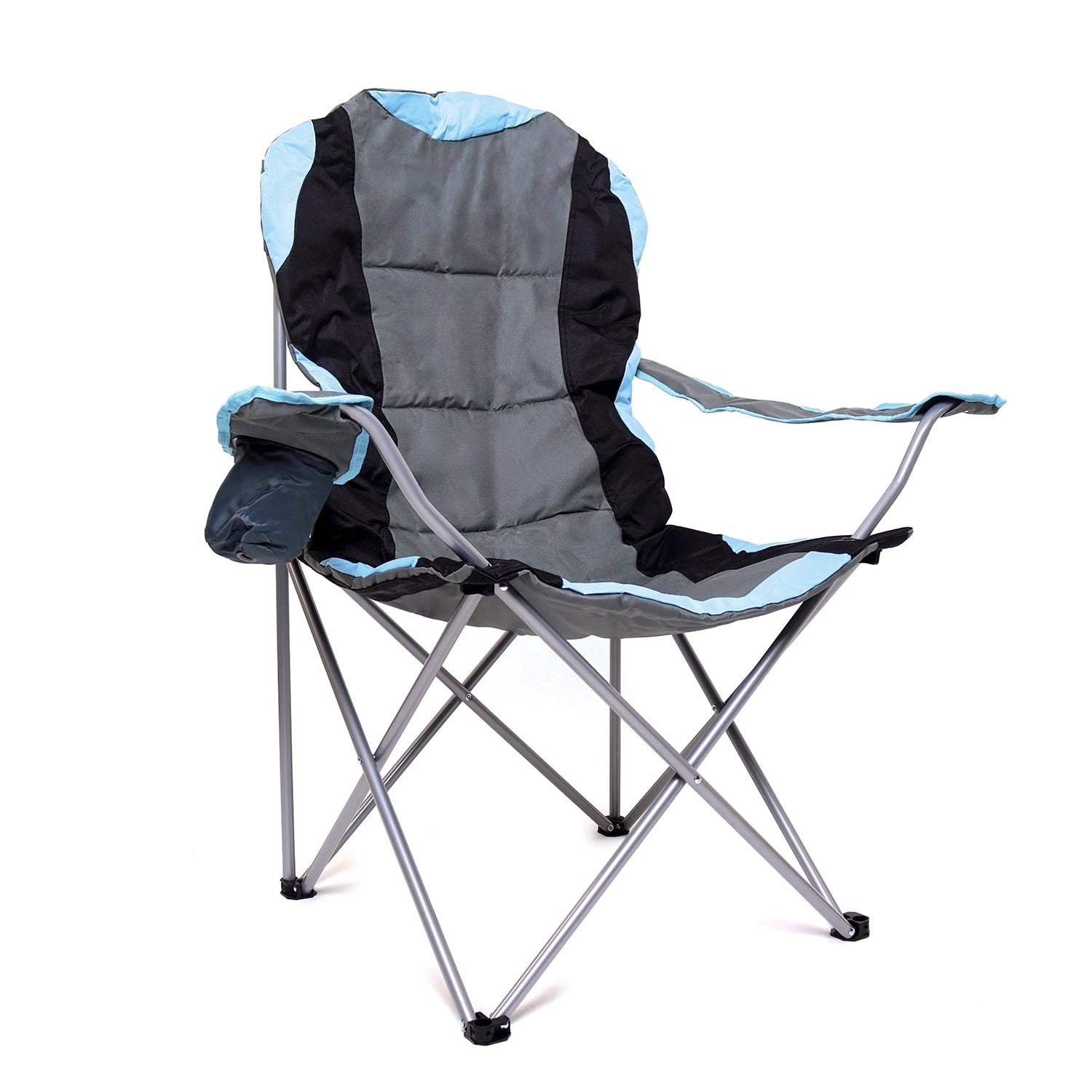 Camping chair with bottle holder on armrest