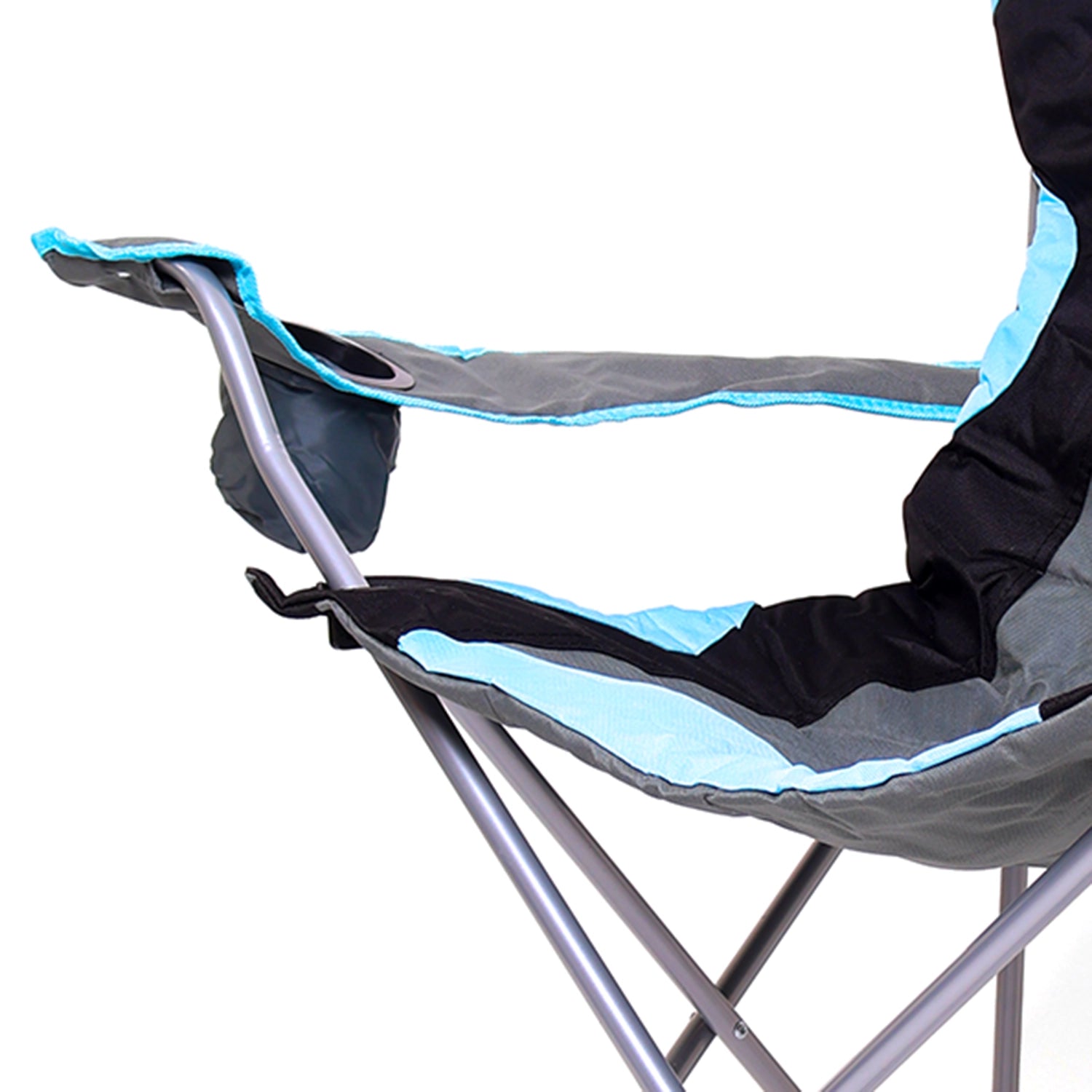 Camping chair with bottle holder on armrest
