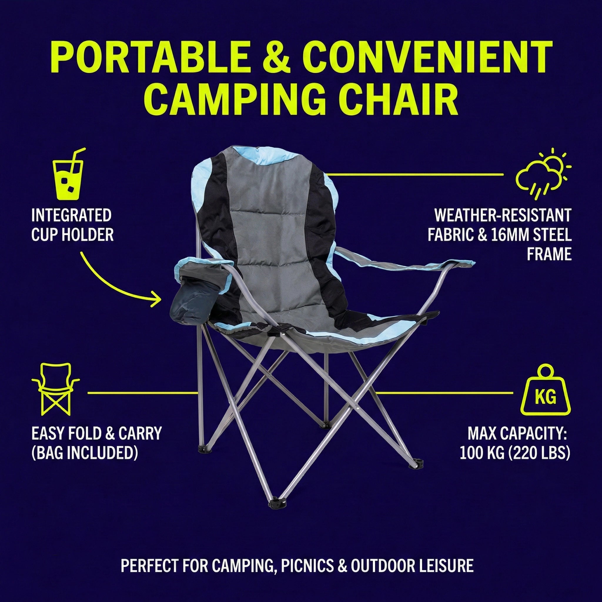 Camping chair with bottle holder on armrest