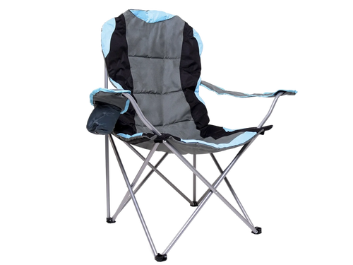 Camping chair with bottle holder on armrest