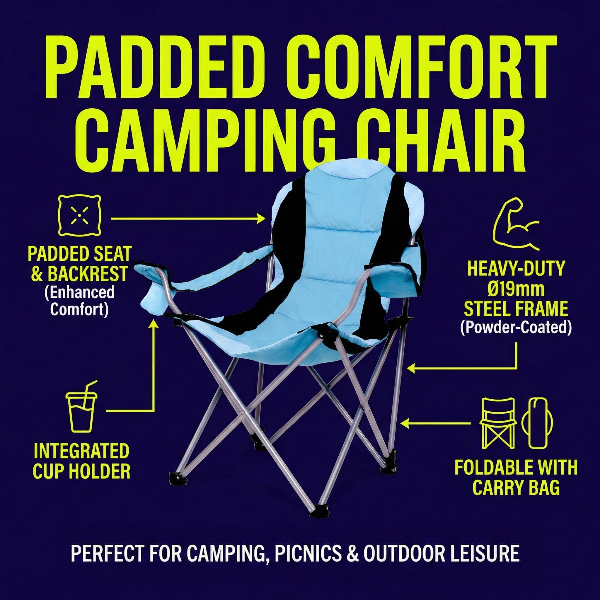Padded camping chair with cup holder and carry bag