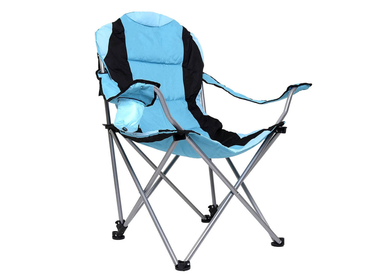 Padded camping chair with cup holder and carry bag