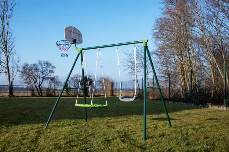 Two-station swing with basketball hoop