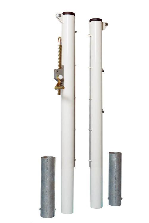 Pair of round steel tennis posts - 90mm diameter with sleeves