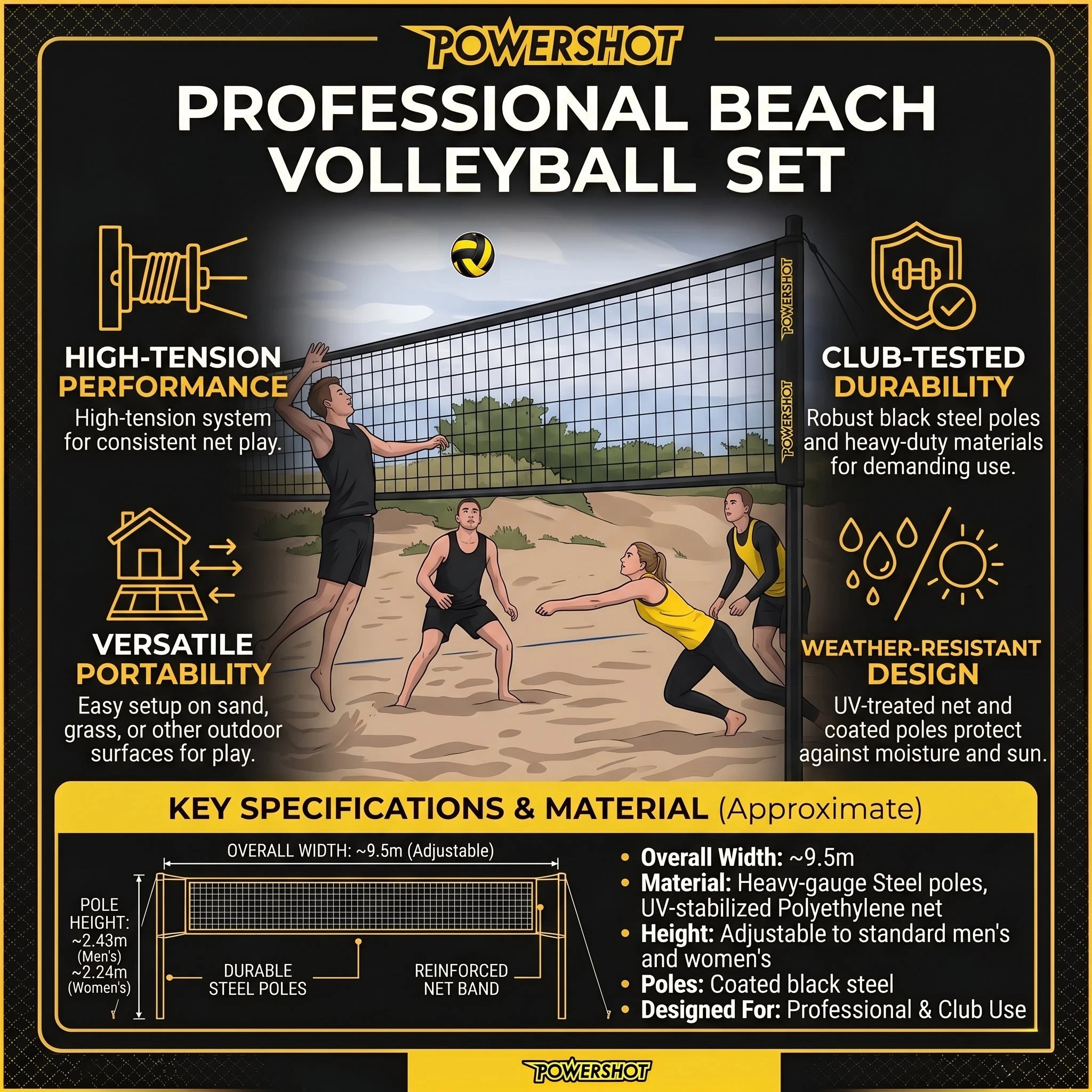 Volleyball set 9.14m with posts, bag, net, ball and pump