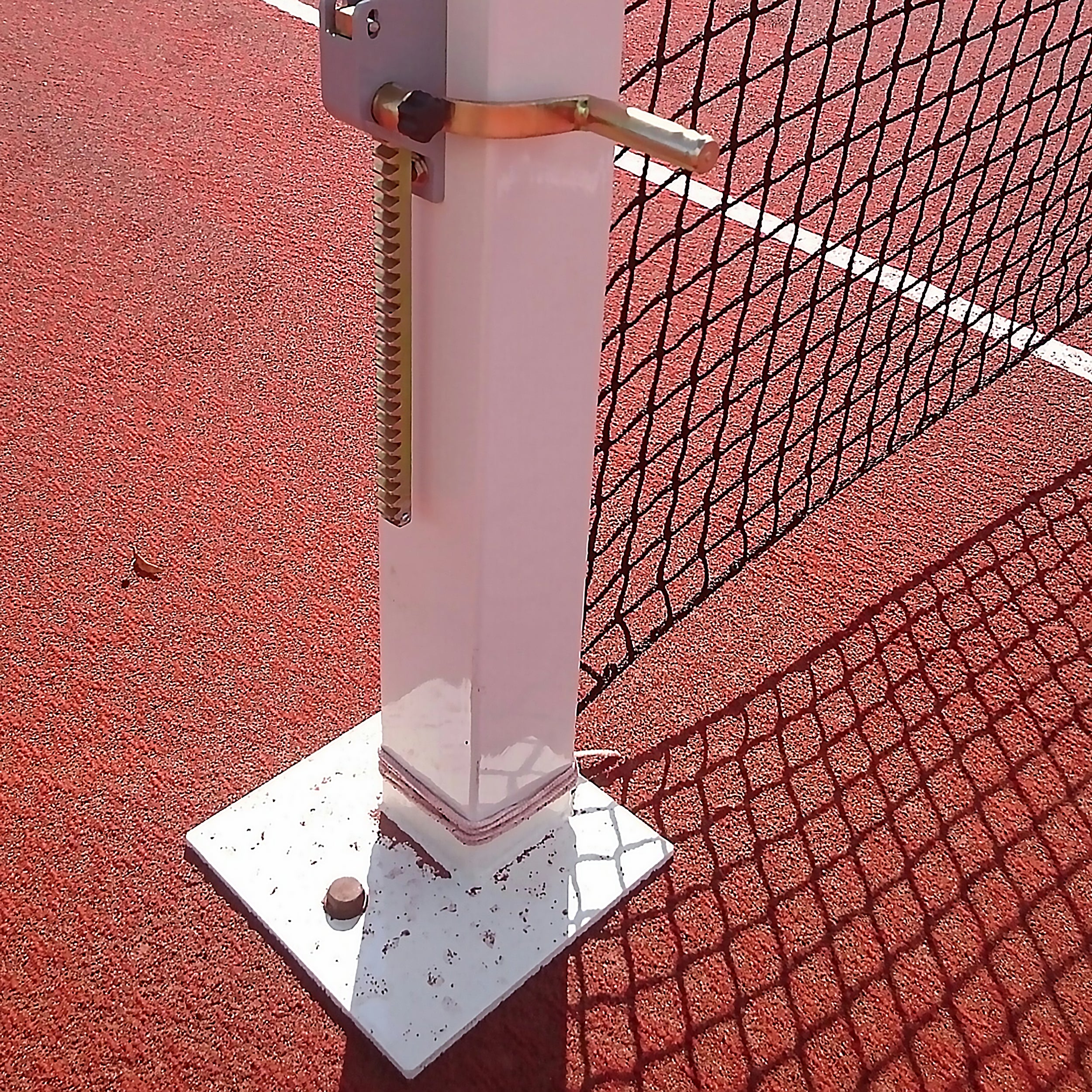 Square tennis posts on base plates - 100mm x 100mm
