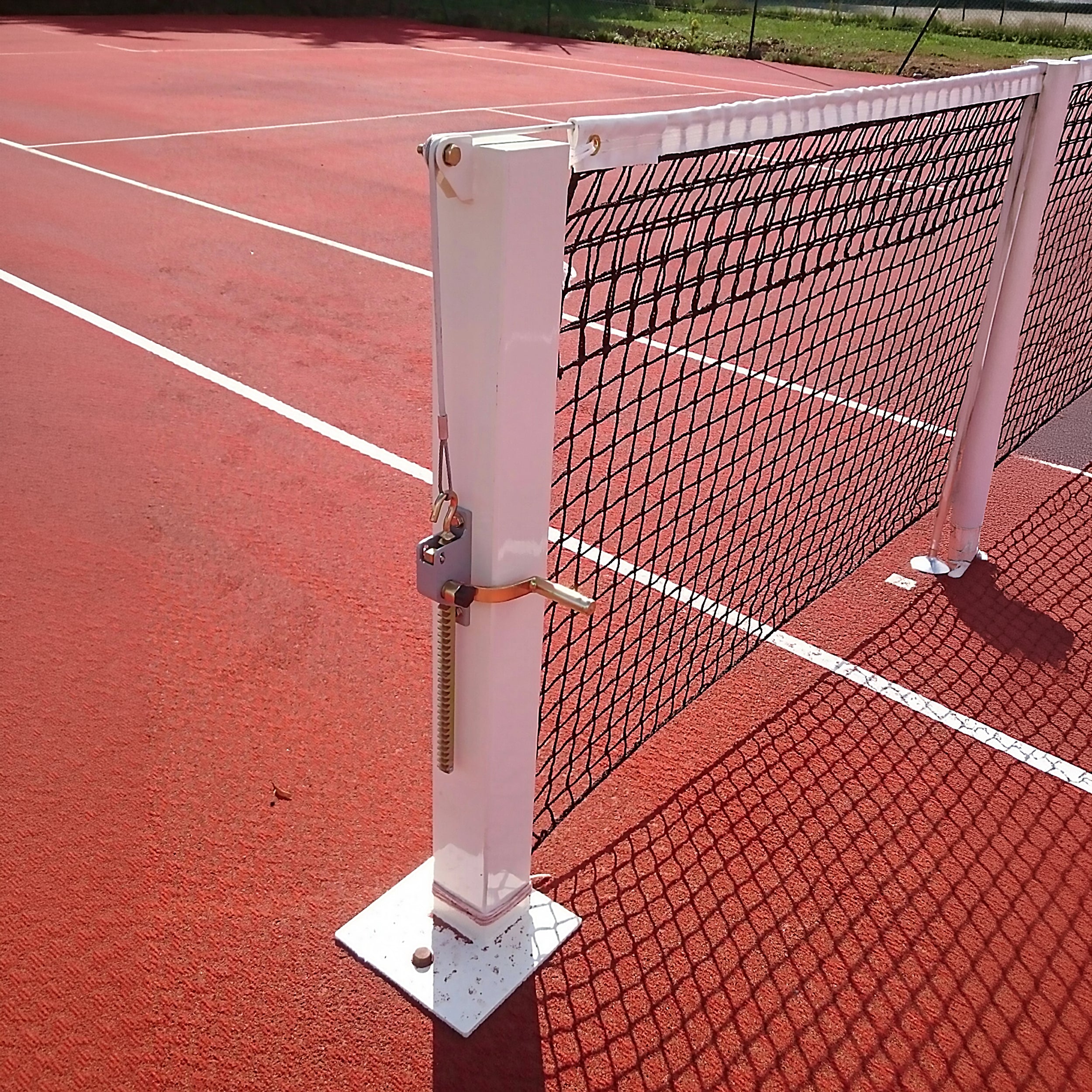 Square tennis posts on base plates - 100mm x 100mm
